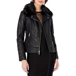 GUESS Women's Leather Moto Jacket with Removable Faux Fur Trim in Kuwait