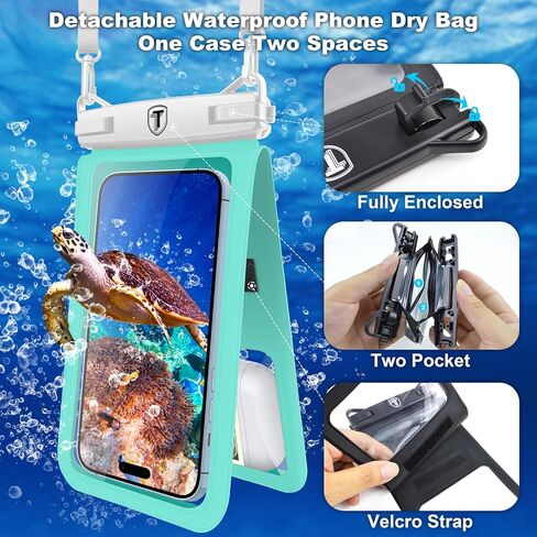 Tekcoo Double Space Detachable Waterproof Phone Case [2-Pack] IPX8 Pouch Lanyard Dry Bag for iPhone 15/14/13/12 Pro Max/Pro/Xr/Xs/SE, Galaxy S24/S23/S22/S21/S20/Note 20/10/A14/A5/A35/A55/A23 up to 7" in Kuwait