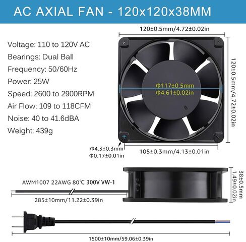GDSTIME AXIAL 12038 Muffin Fan، 120V AC 120mm x 38mm، محمل كروي مزدوج in Kuwait
