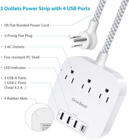 Power Strip with USB C, 3 Outlets 4 USB Ports (22.5W/4.5A) Desktop Charging Station, Flat Plug, 5ft Braided Extension Cord, Non Surge Protector for Travel, Cruise Ship, ETL Listed, Black in Kuwait