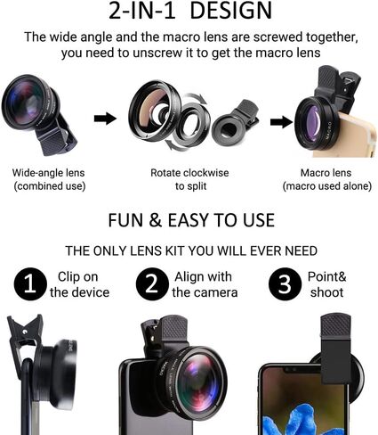 Mcoplus Cell Phone Camera Lens 2 in 1 Clip-on Lens Kit 37mm 0.45X 49UV Super Wide Angle & Macro Phone Camera Lens for iPhone and Android Smartphones Cell Phones in Saudi Arabia