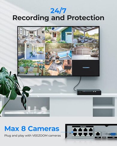 VEEZOOM 4K NVR 8 قنوات، مسجل قرص صلب 2 تيرابايت PoE NVR مثبت مسبقًا، مراقبة فيديو 24/7 لنظام كاميرا الأمان NVR، متوافق مع سعة تصل إلى 12 تيرابايت HDD، يعمل فقط لكاميرا Veezoom in Kuwait