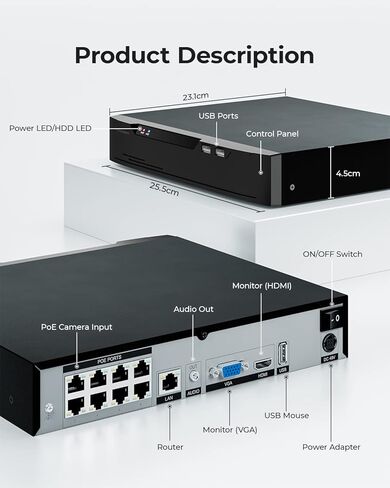 VEEZOOM 4K NVR 8 قنوات، مسجل قرص صلب 2 تيرابايت PoE NVR مثبت مسبقًا، مراقبة فيديو 24/7 لنظام كاميرا الأمان NVR، متوافق مع سعة تصل إلى 12 تيرابايت HDD، يعمل فقط لكاميرا Veezoom in Kuwait
