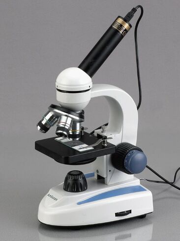 AmScope M158-E1 Digital Cordless Compound Monocular Microscope, WF10x Eyepiece, 40x-400x Magnification, LED Illumination with Rheostat, Brightfield, Single-Lens Condenser, Coaxial Coarse and Fine Focus, Plain Stage, 110V or Battery-Powered, Includes 1.3MP in Saudi Arabia
