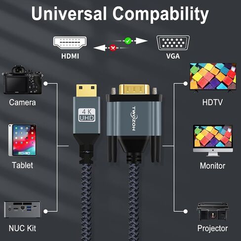 توزوه كيبل ميني HDMI الى VGA بطول 10 قدم، مطلي بالذهب ومضفر بمنفذ HDMI صغير VGA (ذكر الى ذكر) متوافق مع الترا بوك ونوت بوك والتابلت والكاميرات وكاميرات الفيديو in Kuwait