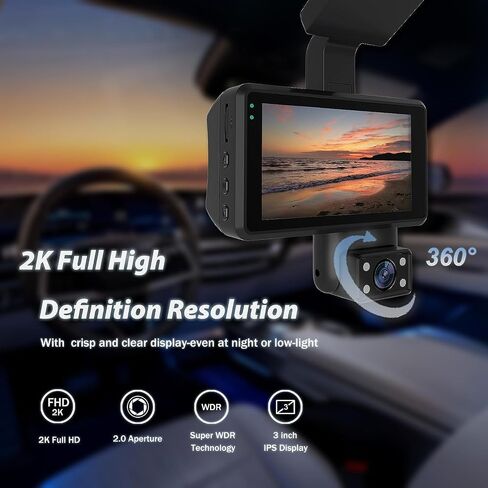 Dash Cam for Cars, 1080P Full HD DVR Dash Camera Front Rear/Inside, 3.0 Inch IPS Screen Dashboard Dashcam with 170° Wide Angle, Night Vision, Parking Mode, G-Sensor, Loop Recording in Kuwait