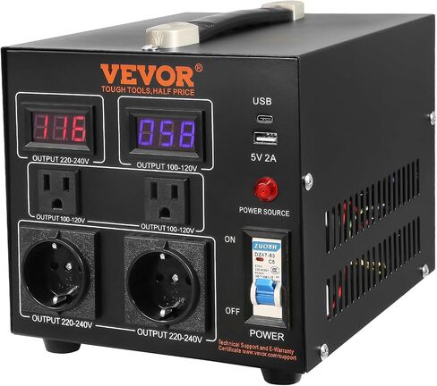 محول جهد VEVOR، 5000 وات، محول خطوة لأعلى/لأسفل للخدمة الشاقة، تحويل من 110 فولت إلى 220 فولت ومن 220 فولت إلى 110 فولت، مع منفذ USB بمنفذ الاتحاد الأوروبي 5 فولت، معتمد من CE in Saudi Arabia