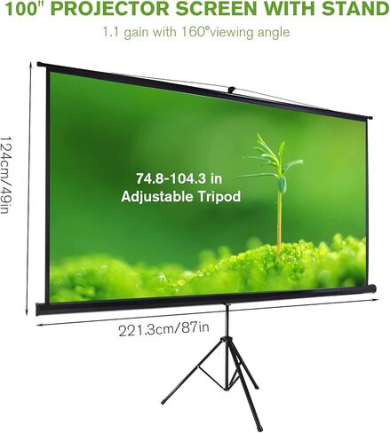 100 Inch Projector Screen Indoor with Stand for Movie Projection, Large 16:9 White Movie Screen, Portable Video Projection Screen for Home Theater, Office Meeting, Outdoor Advertising Camping and etc in Kuwait