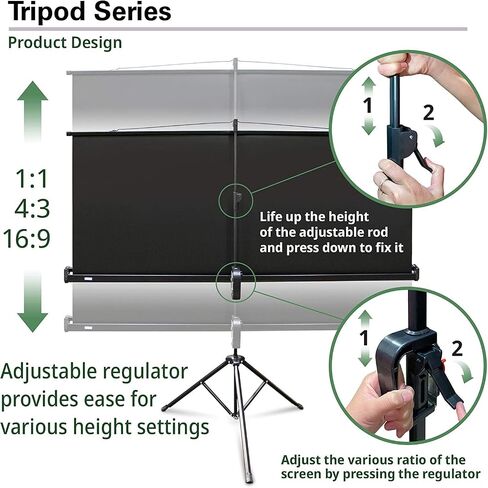 Elite Screens Tripod Projector Screen, 120-inch Adjustable Multi Aspect Ratio 16:9 Portable Manual Pull Up Front Projection, T120UWH - Black Case - US Based Company 2-YEAR WARRANTY in Saudi Arabia
