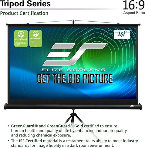 Elite Screens Tripod Projector Screen, 120-inch Adjustable Multi Aspect Ratio 16:9 Portable Manual Pull Up Front Projection, T120UWH - Black Case - US Based Company 2-YEAR WARRANTY in Saudi Arabia