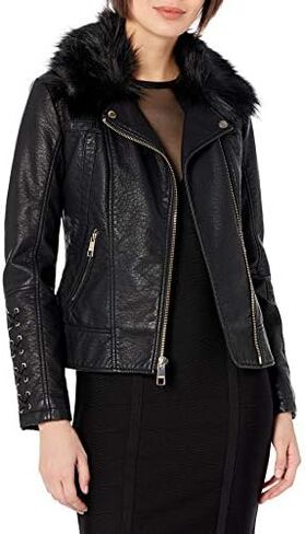 GUESS Women's Leather Moto Jacket with Removable Faux Fur Trim in Kuwait