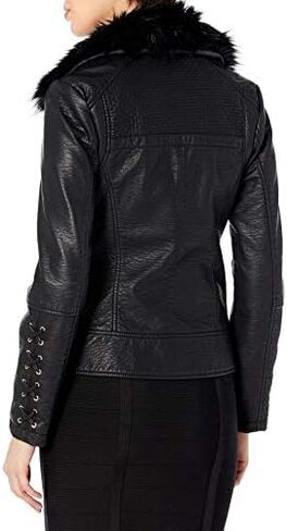 GUESS Women's Leather Moto Jacket with Removable Faux Fur Trim in Kuwait