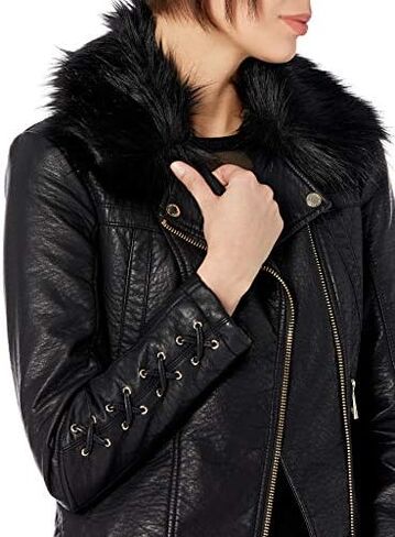GUESS Women's Leather Moto Jacket with Removable Faux Fur Trim in Kuwait