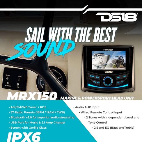 وحدة رأس DS18 MRX150 للبحرية والرياضات القوية مقاس 3 بوصات، مستقبل راديو AM/FM/WB RDS، زجاج غوريلا، تصنيف IPx6 المقاوم للماء، BT، USB، AUX - رائعة للقوارب الصوتية، ATV، UTV، SXS وعربة الجولف in Kuwait