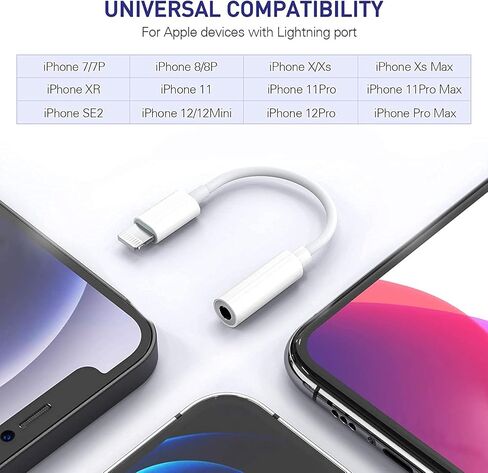 iPhone Headphone Jack Adapter, 2 Pack Lightning to 3.5 mm Earbuds Converter Aux Earphones Cable Audio Connector Cord Compatible with iPhone 12/SE/11/XR/Xs/X/8/iPad/iPod in Kuwait