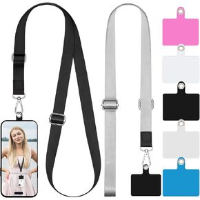 Phone Lanyard, Universal 2× Crossbody Cell Phone Lanyard for Women, 2× Phone Wrist Strap and 8× PVC Patch Compatible with Most Phones (Black Black)
