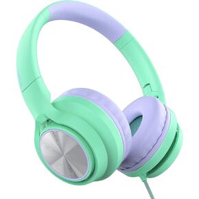 LORELEI E7 Kids Headphones with Microphone,On-Ear Wired Headset for Children/Boys/Girls,85/94dB Safe Volume,Foldable&Rotatable3.5mm Audio Jack Tangle-Free for School/iPad/Laptop/Travel (Green&Purple) in Kuwait
