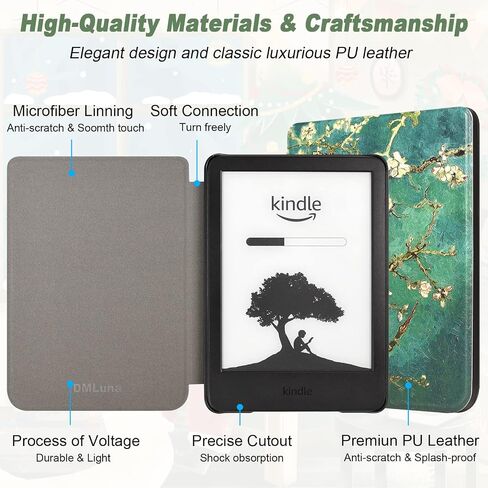 DMLuna Case for All-New Kindle (11th Generation 2022 Release), Ultra Thin and Lightweight Smart Protective Durable Premium PU Leather Cover with Auto Sleep Wake Function, Almond Blossom in Saudi Arabia