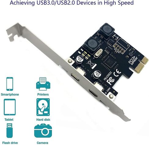 2 منفذ PCI-E إلى USB C 3.0 بطاقة التمدد، محول محور محوري داخلي PCIE من النوع C لكارت المضيف المكتبي يدعم ويندوز 10/8.1/8/7/XP/Vista in Saudi Arabia