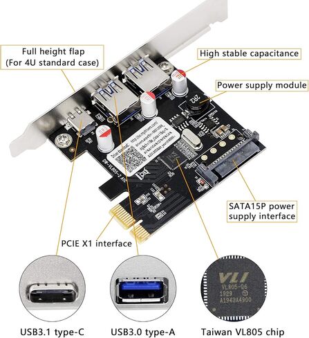 SinLoon PCI-E to USB 3.0 & Type-C 3.1 Expasion Card with 15-Pin SATA Power Connector Build in Self-Powered Technology-No Need Additional Power Supply in Saudi Arabia