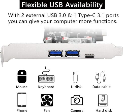 SinLoon PCI-E to USB 3.0 & Type-C 3.1 Expasion Card with 15-Pin SATA Power Connector Build in Self-Powered Technology-No Need Additional Power Supply in Saudi Arabia