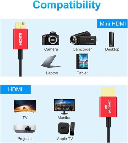 كابل Rulykar قصير 8K HDMI 2.1 بطول 1.0FT/0.3M، سرعة فائقة 48 جيجابت في الثانية، سلك HDMI رفيع للغاية Φ2.5 مم، 8K@60هرتز، 4K@120هرتز، HDR ديناميكي، eARC، متوافق مع GH5S، PS5، شاشة Xbox One، الكمبيوتر الشخصي و اكثر… in Kuwait