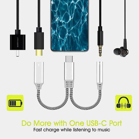 HLDInie USB c to 3.5mm Headphones and Charger Adapter, 2-in-1 USB c to Aux Audio Jack High Resolution DAC and Fast Charging Dongle Cable (White) in Saudi Arabia