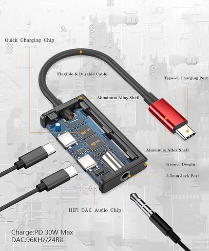 USB C to 3.5mm Audio Adapter and Charger, 3 in 1 USB C to 3.5mm Audio Adapter& USB C Headphone Jack and 60W Charging Dongle Compatible with Galaxy S24 Ultra/S24/S23/S22/S21FE, Pixel 8/7/6, iPad Pro in Saudi Arabia