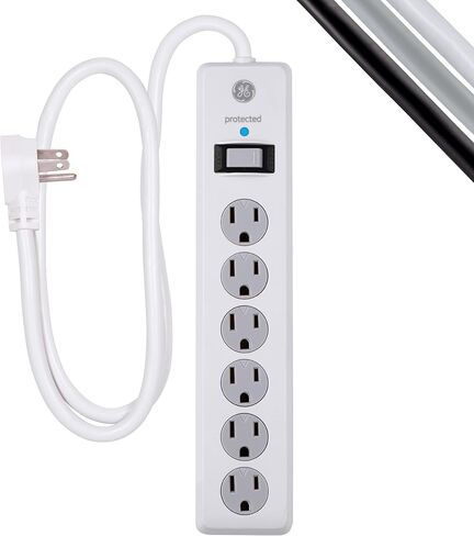 GE Pro 6-Outlet Surge Protector 2 Pack, 2 Ft Extension Cord, White, 46867 & 6-Outlet Surge Protector, 4 Ft Extension Cord, Power Strip, 800 Joules, Flat Plug, Twist-to-Close Safety Covers, White in Kuwait