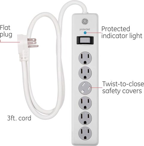 GE Pro 6-Outlet Surge Protector 2 Pack, 2 Ft Extension Cord, White, 46867 & 6-Outlet Surge Protector, 4 Ft Extension Cord, Power Strip, 800 Joules, Flat Plug, Twist-to-Close Safety Covers, White in Kuwait