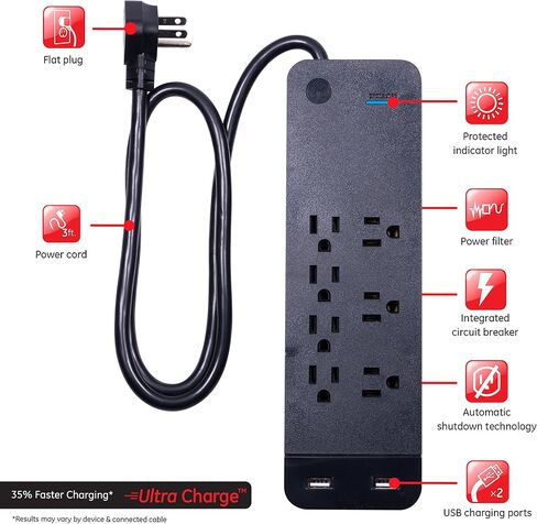 GE UltraPro 7-Outlet Surge Protector، 2 USB Ports، 40482 & GE Pro 7-Outlet Surge Protector، 2 USB Ports، 3 قدم تمديد الحبل، أسود، 37054 in Kuwait