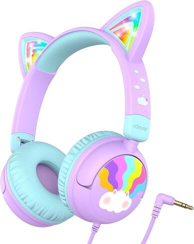 iClever Kids Headphones Cat Ear, LED Light Up, 85dBA Safe Volume, Stereo Sound Toddler Headphones for Travel School, Foldable 3.5mm Wired Kids Headphones for iPad Tablets, Meow Lollipop-Hot Pink in Kuwait