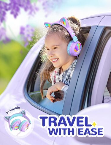 iClever Kids Headphones Cat Ear, LED Light Up, 85dBA Safe Volume, Stereo Sound Toddler Headphones for Travel School, Foldable 3.5mm Wired Kids Headphones for iPad Tablets, Meow Lollipop-Hot Pink in Kuwait
