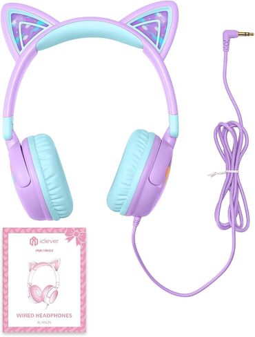 iClever Kids Headphones Cat Ear, LED Light Up, 85dBA Safe Volume, Stereo Sound Toddler Headphones for Travel School, Foldable 3.5mm Wired Kids Headphones for iPad Tablets, Meow Lollipop-Hot Pink in Kuwait