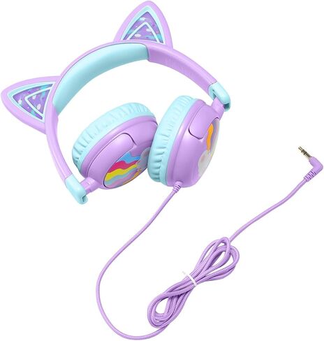 iClever Kids Headphones Cat Ear, LED Light Up, 85dBA Safe Volume, Stereo Sound Toddler Headphones for Travel School, Foldable 3.5mm Wired Kids Headphones for iPad Tablets, Meow Lollipop-Hot Pink in Kuwait