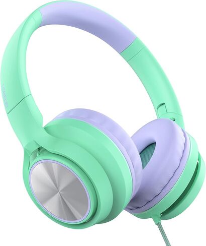 LORELEI E7 Kids Headphones with Microphone,On-Ear Wired Headset for Children/Boys/Girls,85/94dB Safe Volume,Foldable&Rotatable3.5mm Audio Jack Tangle-Free for School/iPad/Laptop/Travel (Green&Purple) in Kuwait