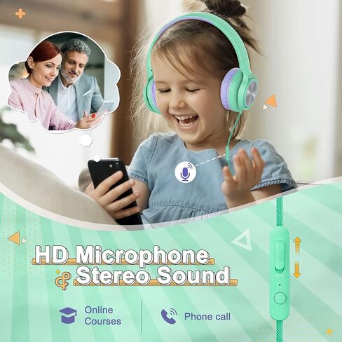 LORELEI E7 Kids Headphones with Microphone,On-Ear Wired Headset for Children/Boys/Girls,85/94dB Safe Volume,Foldable&Rotatable3.5mm Audio Jack Tangle-Free for School/iPad/Laptop/Travel (Green&Purple) in Kuwait