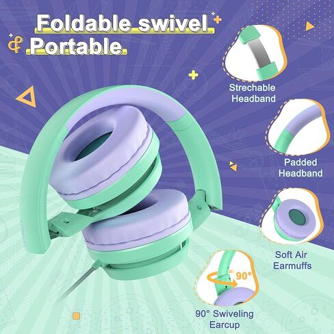 LORELEI E7 Kids Headphones with Microphone,On-Ear Wired Headset for Children/Boys/Girls,85/94dB Safe Volume,Foldable&Rotatable3.5mm Audio Jack Tangle-Free for School/iPad/Laptop/Travel (Green&Purple) in Kuwait