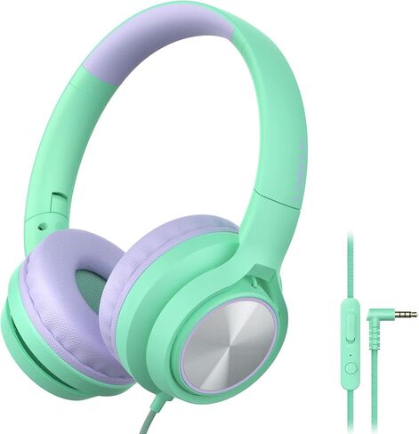 LORELEI E7 Kids Headphones with Microphone,On-Ear Wired Headset for Children/Boys/Girls,85/94dB Safe Volume,Foldable&Rotatable3.5mm Audio Jack Tangle-Free for School/iPad/Laptop/Travel (Green&Purple) in Kuwait