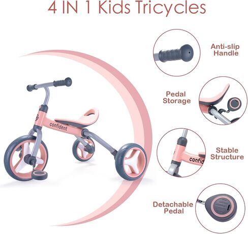 YGJT 4 in 1 Tricycle for Toddlers Age 2-5, Folding Kids Trike Tricycles Toddler Bike with Adjustable Seat and Removable Pedal, Baby Balance Bike Ride-on Toys Gift for Baby Boys Girls Birthday in Saudi Arabia
