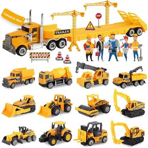 Oriate Construction Car Toys for Kids, Die Cast Construction Vehicles Toy Set Educational Mini Flatbed Trailer Excavator Bulldozer Forklift Trucks Road Signs, Birthday Gift Toys