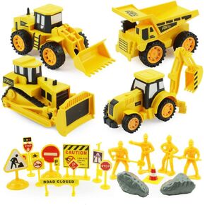 Boley Builders Play Set - 24 Piece Kids Construction Toys with Bulldozer, Dump Truck, Front Loader and Backhoe Toy Trucks, Diecast Signs, Pretend Rubble and Construction Workers - Excavator Toy Trucks