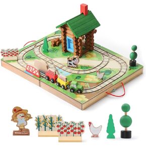 SainSmart Jr. Train Set for Toddlers, Portable Farm Log Cabin 78 PCS, Take-Along Tabletop Railroad with Building Block for Toddlers and Kids Ages 3+