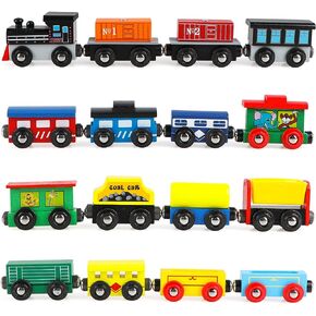 Wondertoys Wooden Train Set 16 PCS Train Toys Magnetic Set Includes Storage Bag - Wooden Track Accessories - Wooden Magnetic Car Set for Toddlers Kids Boys and Girls in Saudi Arabia