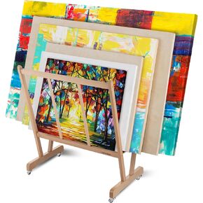 رف طباعة خشبي كبير من Falling in Art، رف تجفيف وعرض فني مع عجلات دوارة، رف تخزين للقماش والمطبوعات واللوحات والملصقات والعروض والمعارض الفنية، أسود
