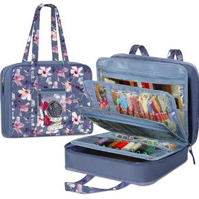 FINPAC Sewing and Craft Supplies Storage Tote, Large Capacity Travel Packing Organizer Bag with Clear Pockets and Handle for Knitting, Crochet, Art, Sewing Accessories (Spring Bloom)
