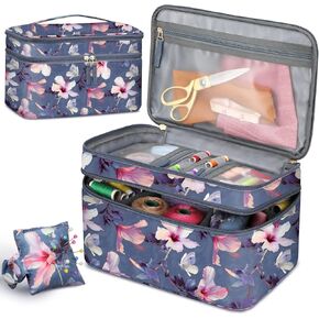 FINPAC Sewing Accessories Storage and Organizer Case, Double-Layer Sewing Kits Carrying Bag with Wrist Pin Cushion for Threads, Needles, Embroidery Floss Supplies, Felting Kits (Blooming Hibiscus)