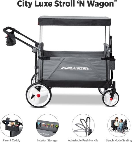 Radio Flyer Stroller Wagon for Kids Ages 1 and Up, Push and Pull Wagon with Canopy, Black - Foldable Cart with Storage, Bench, and All-Terrain Wheels in Saudi Arabia