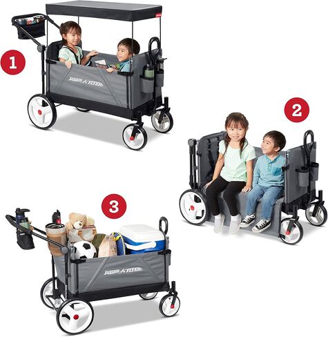 Radio Flyer Stroller Wagon for Kids Ages 1 and Up, Push and Pull Wagon with Canopy, Black - Foldable Cart with Storage, Bench, and All-Terrain Wheels in Saudi Arabia