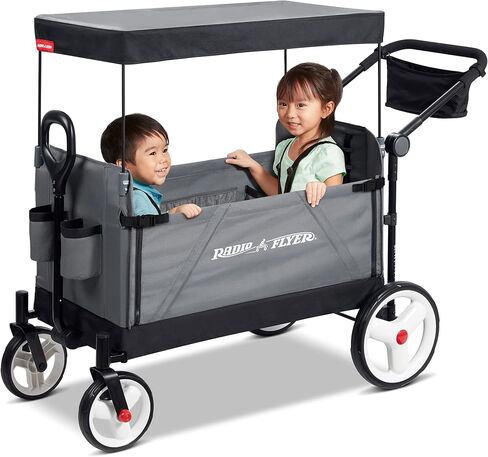 Radio Flyer Stroller Wagon for Kids Ages 1 and Up, Push and Pull Wagon with Canopy, Black - Foldable Cart with Storage, Bench, and All-Terrain Wheels in Saudi Arabia